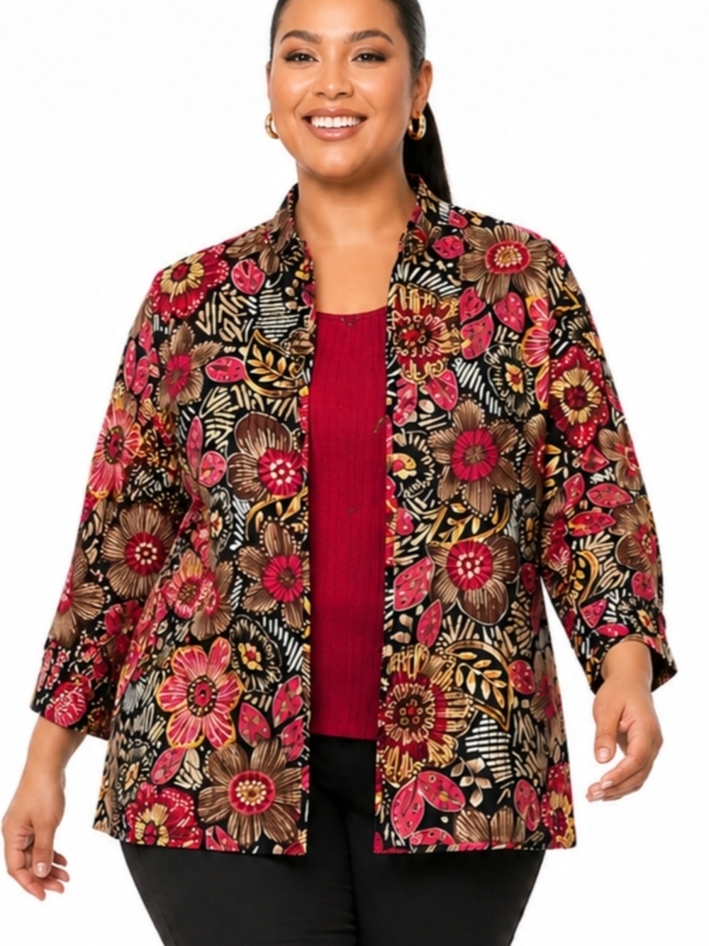 Alfred Dunner Floral Jacket Size L Lightweight 3/4 Sleeve Open Front.